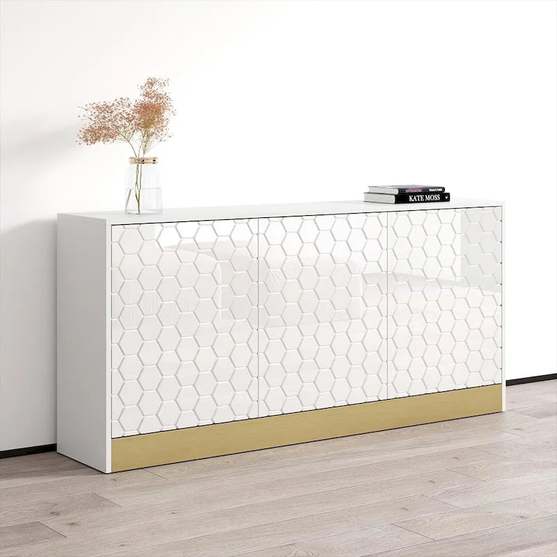 Buffet en Métal Noir Texturé Nid d'Abeille Moderne avec Base Dorée