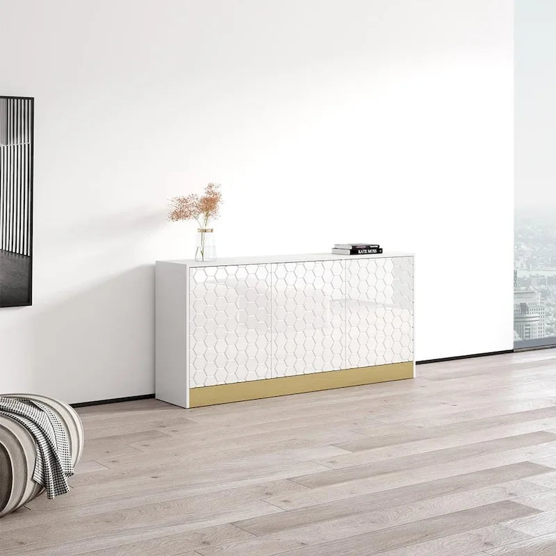 Buffet en Métal Noir Texturé Nid d'Abeille Moderne avec Base Dorée