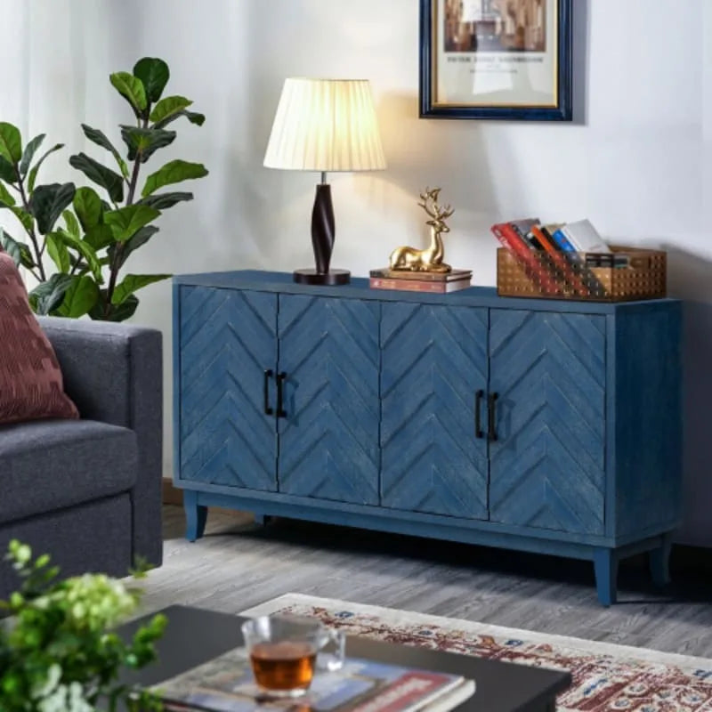 Buffet bas en bois à 4 portes avec panneau à motif diamant
