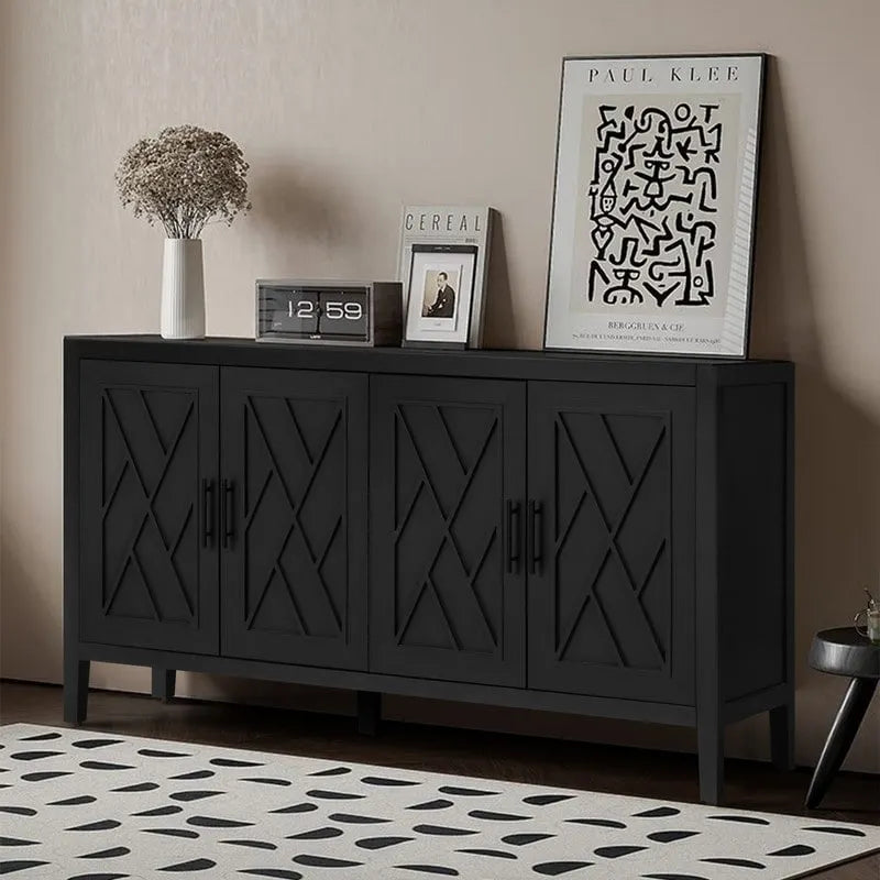 Buffet bas en bois à 4 portes avec panneau à motif diamant