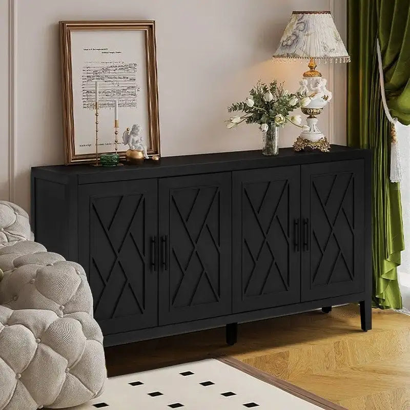 Buffet bas en bois à 4 portes avec panneau à motif diamant