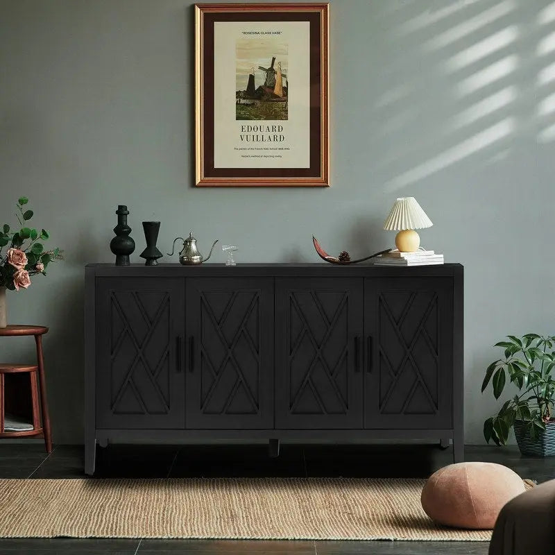 Buffet bas en bois à 4 portes avec panneau à motif diamant