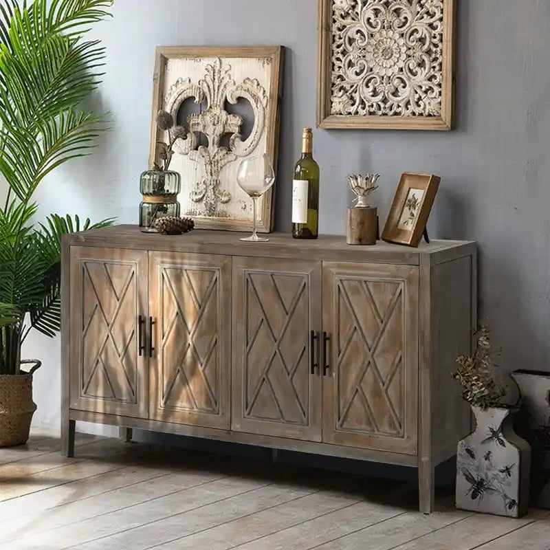 Buffet bas en bois à 4 portes avec panneau à motif diamant