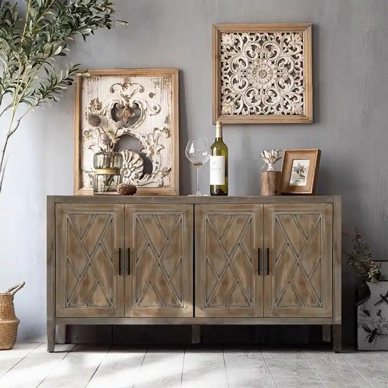 Buffet bas en bois à 4 portes avec panneau à motif diamant