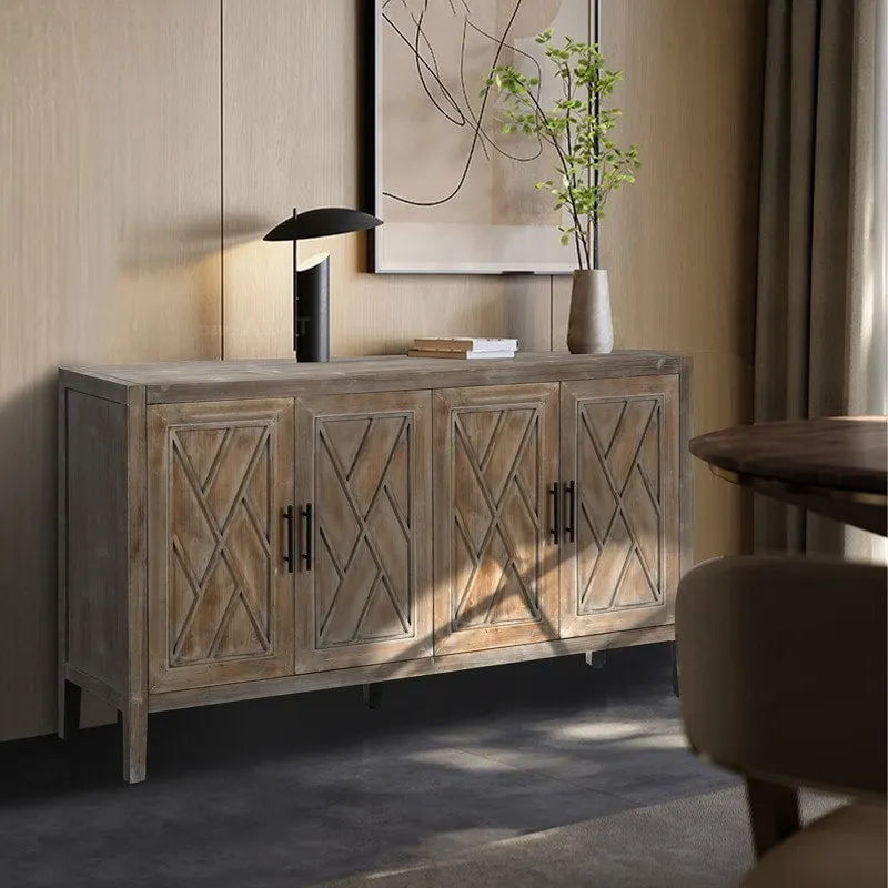 Buffet bas en bois à 4 portes avec panneau à motif diamant