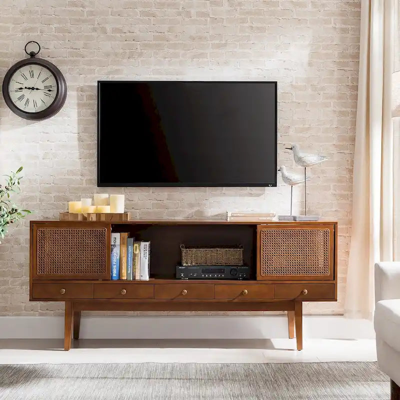 Meuble TV scandinave en rotin avec portes coulissantes marron