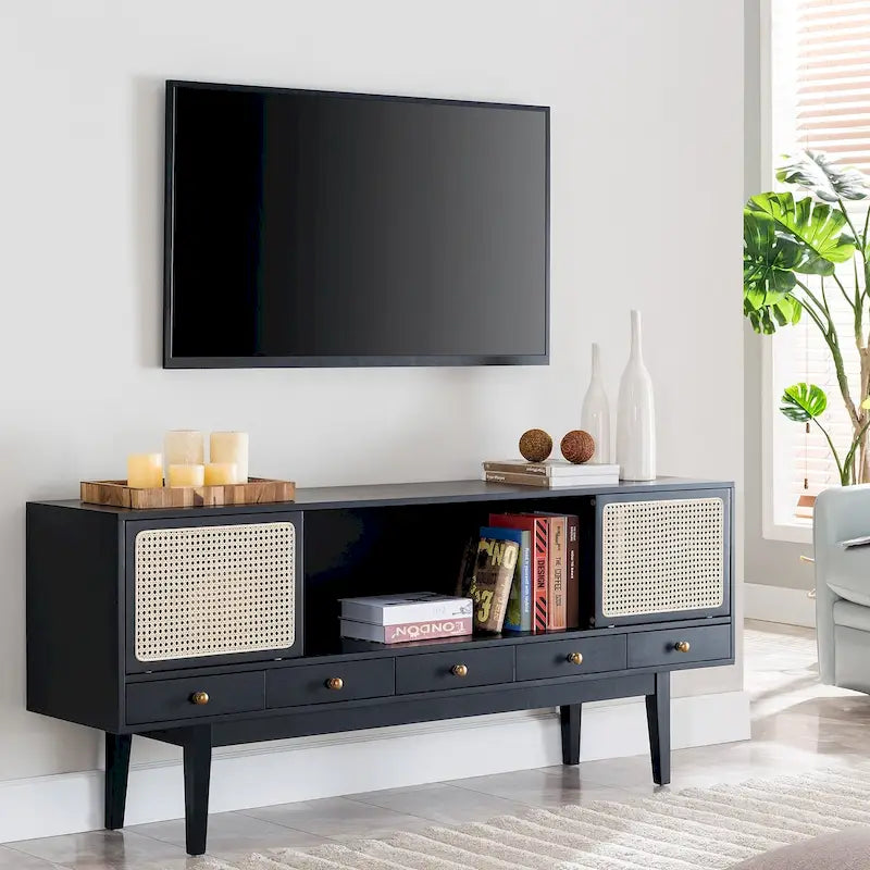 Meuble TV scandinave en rotin avec portes coulissantes marron