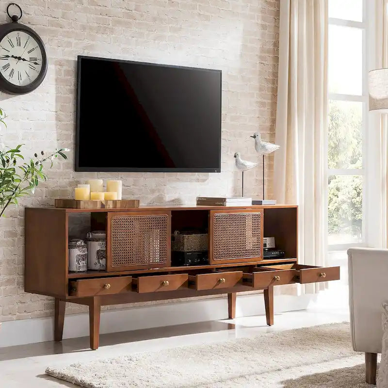 Meuble TV scandinave en rotin avec portes coulissantes marron