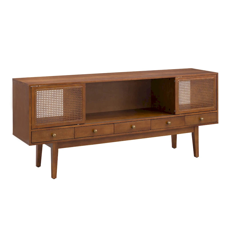 Meuble TV scandinave en rotin avec portes coulissantes marron