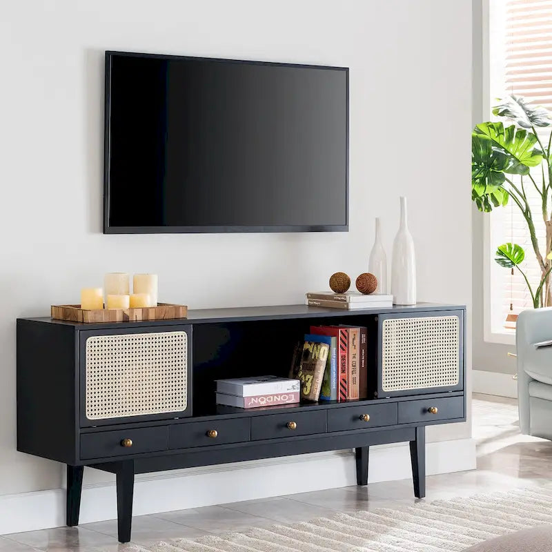 Meuble TV scandinave en rotin avec portes coulissantes marron