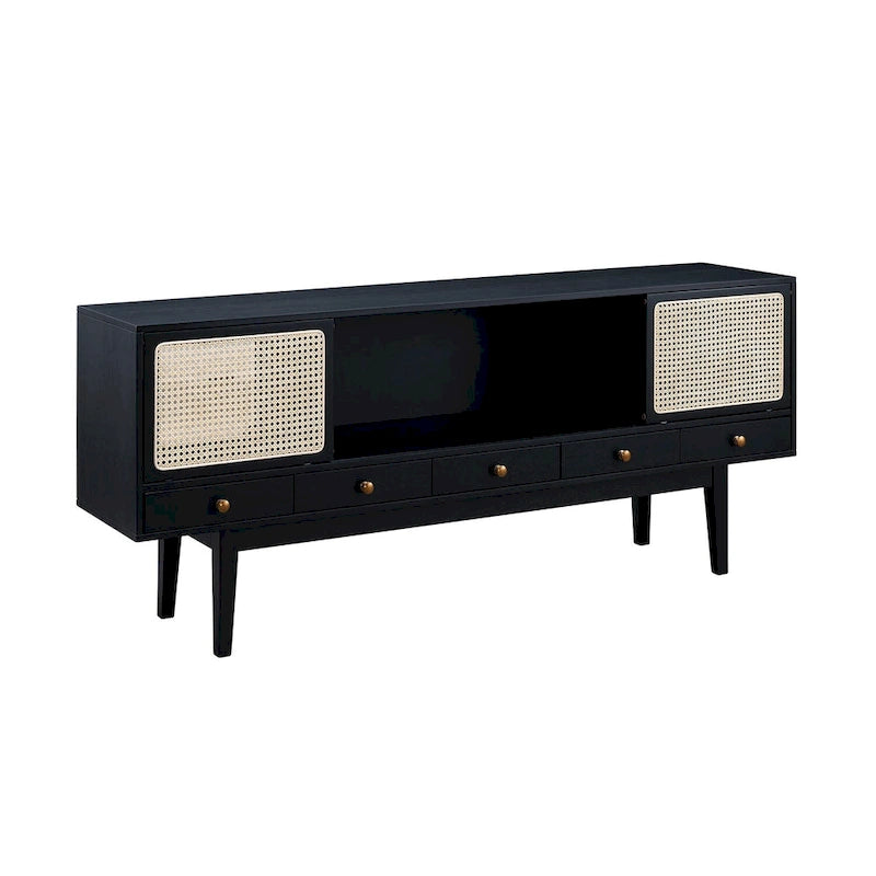 Meuble TV scandinave en rotin avec portes coulissantes marron