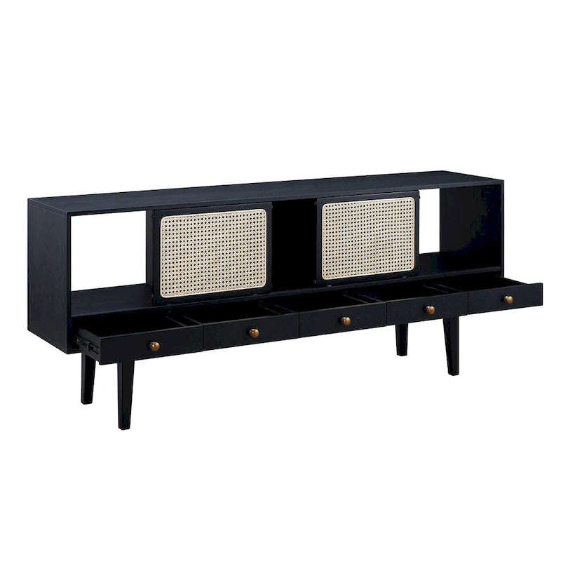 Meuble TV scandinave en rotin avec portes coulissantes marron