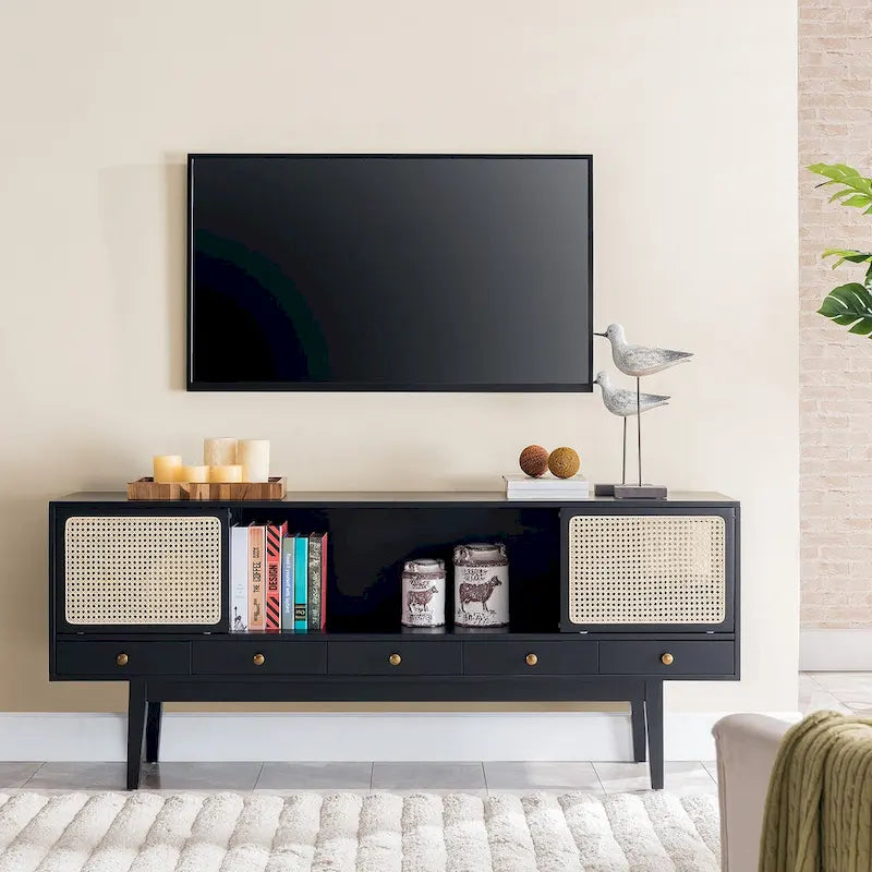 Meuble TV scandinave en rotin avec portes coulissantes marron