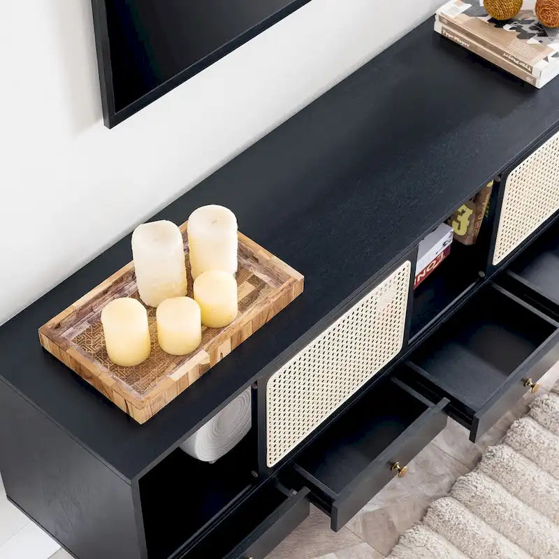 Meuble TV scandinave en rotin avec portes coulissantes marron