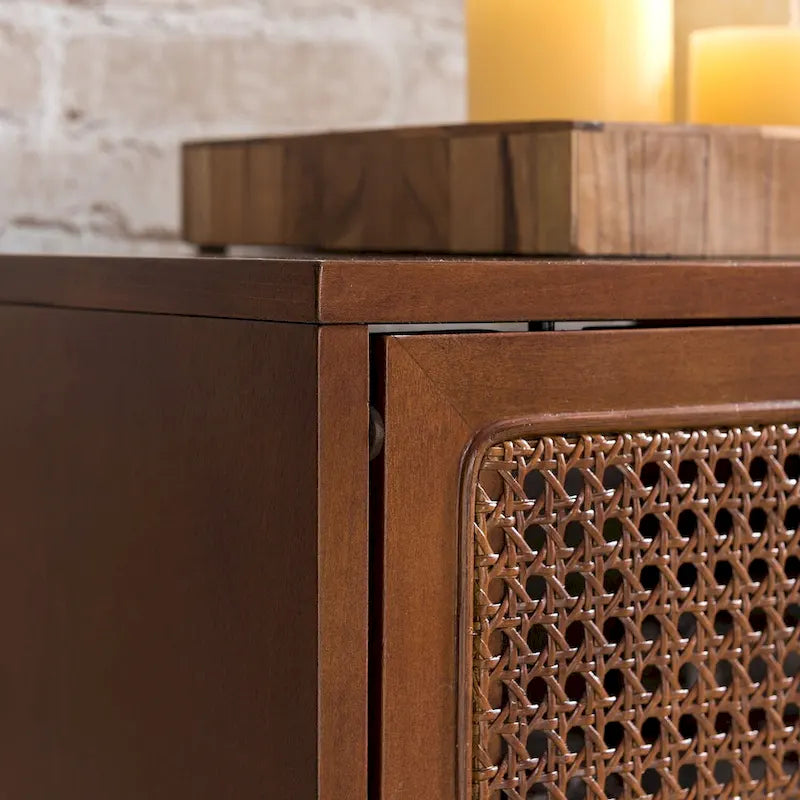 Meuble TV scandinave en rotin avec portes coulissantes marron
