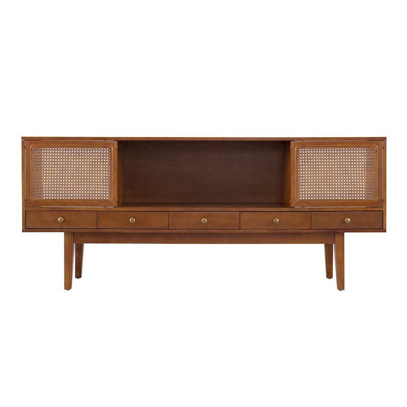 Meuble TV scandinave en rotin avec portes coulissantes marron