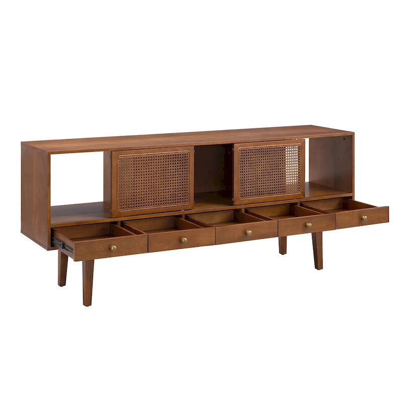 Meuble TV scandinave en rotin avec portes coulissantes marron