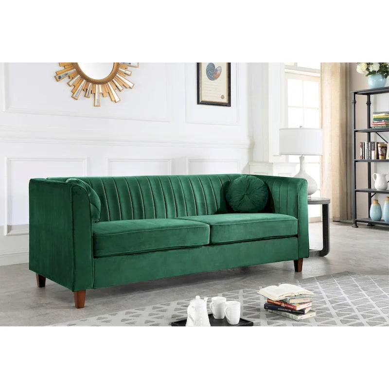 Canapé Chesterfield en velours avec dossier capitonné et coussins cylindriques