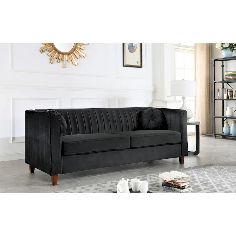 Canapé Chesterfield en velours avec dossier capitonné et coussins cylindriques