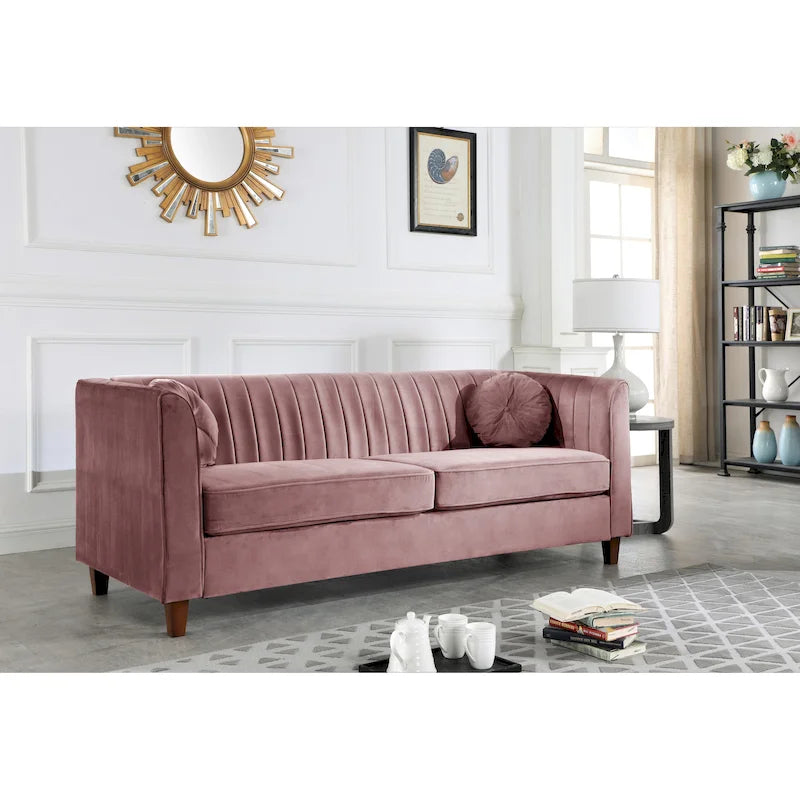 Canapé Chesterfield en velours avec dossier capitonné et coussins cylindriques