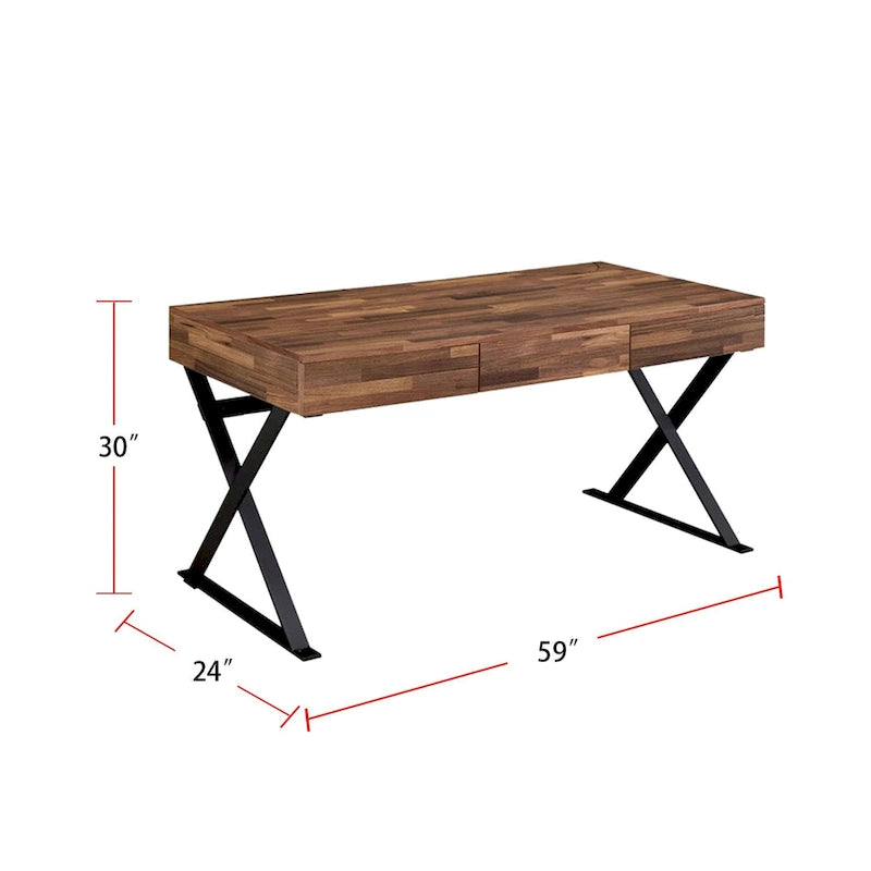 Bureau d'écriture en bois rustique de style industriel avec 3 tiroirs et pieds en métal noir
