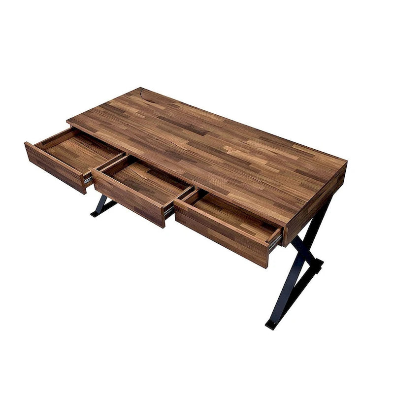 Bureau d'écriture en bois rustique de style industriel avec 3 tiroirs et pieds en métal noir