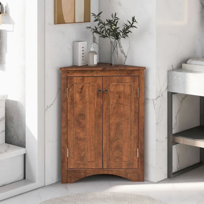 Meuble d'appoint d'angle marron pour salle de bain avec étagères réglables, meuble bas autoportant