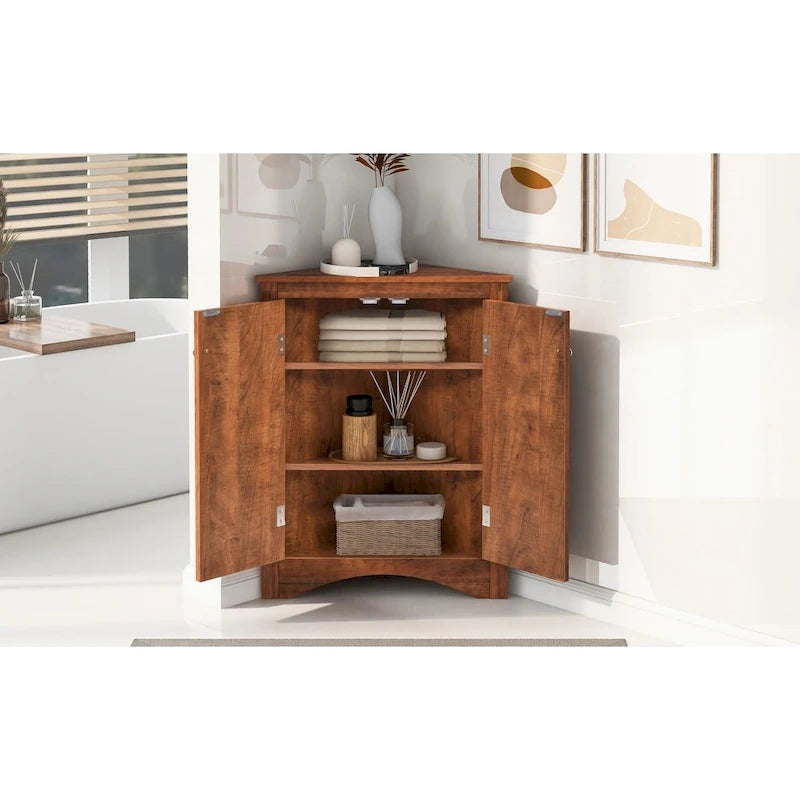 Meuble d'appoint d'angle marron pour salle de bain avec étagères réglables, meuble bas autoportant