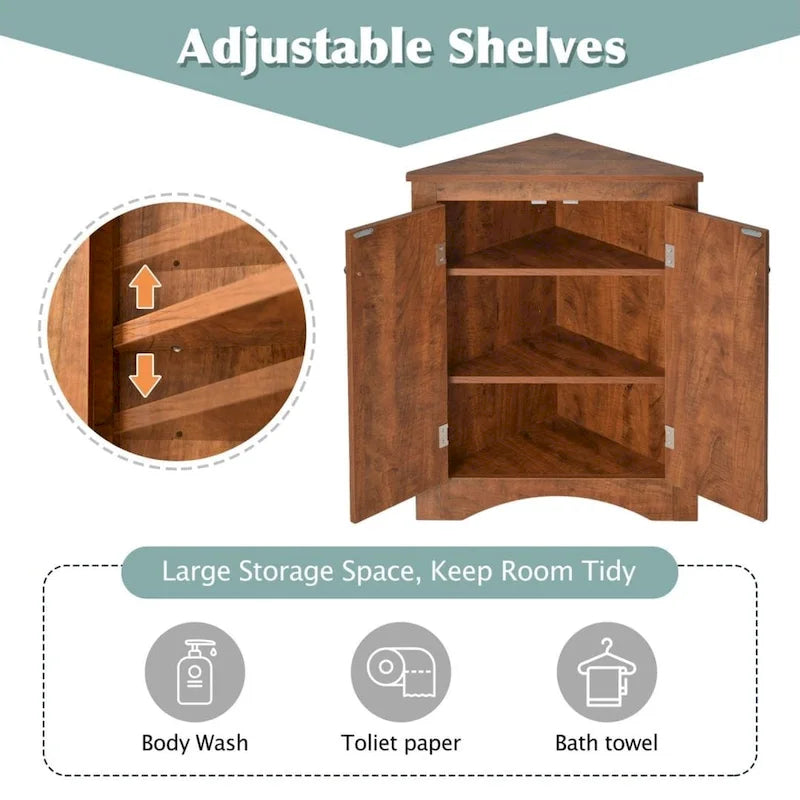 Meuble d'appoint d'angle marron pour salle de bain avec étagères réglables, meuble bas autoportant