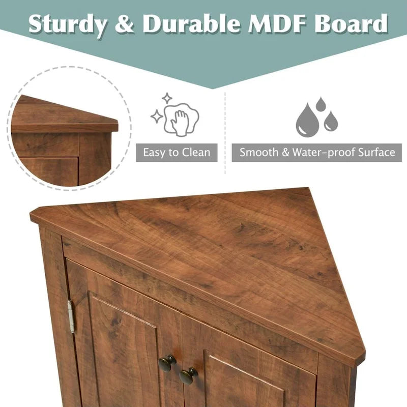 Meuble d'appoint d'angle marron pour salle de bain avec étagères réglables, meuble bas autoportant