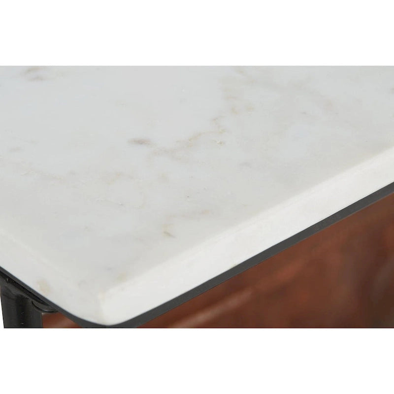 Table d'appoint contemporaine en métal noir avec plateau en marbre blanc et porte-revues en similicuir marron