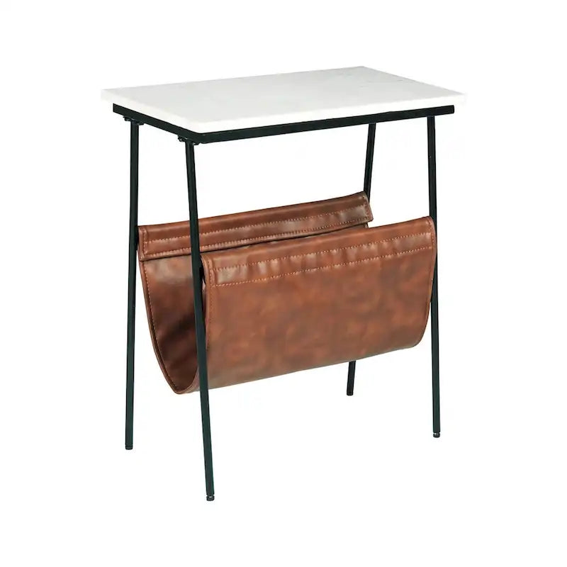 Table d'appoint contemporaine en métal noir avec plateau en marbre blanc et porte-revues en similicuir marron