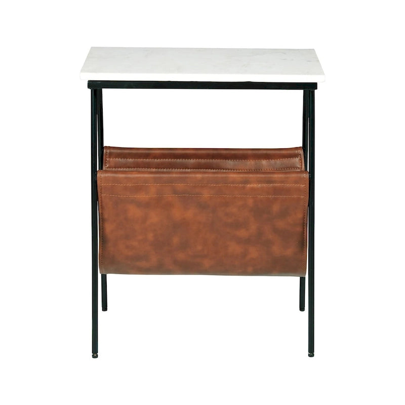 Table d'appoint contemporaine en métal noir avec plateau en marbre blanc et porte-revues en similicuir marron
