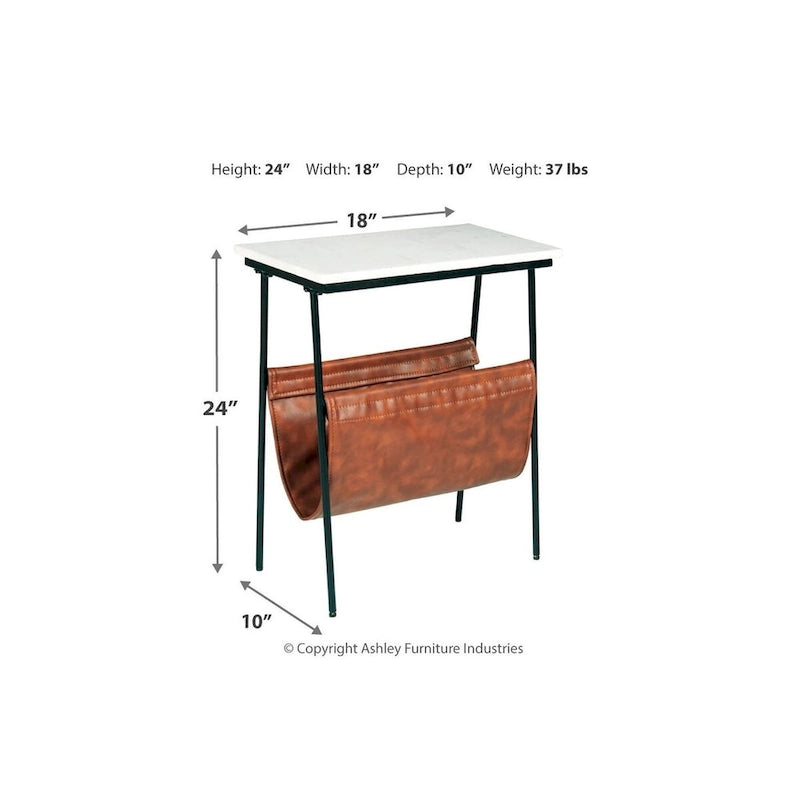 Table d'appoint contemporaine en métal noir avec plateau en marbre blanc et porte-revues en similicuir marron
