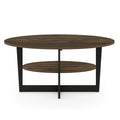 Table basse ovale avec étagère inférieure, pieds en métal noir, finition bois de noyer