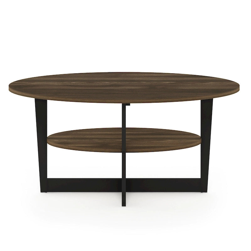 Table basse ovale avec étagère inférieure, pieds en métal noir, finition bois de noyer