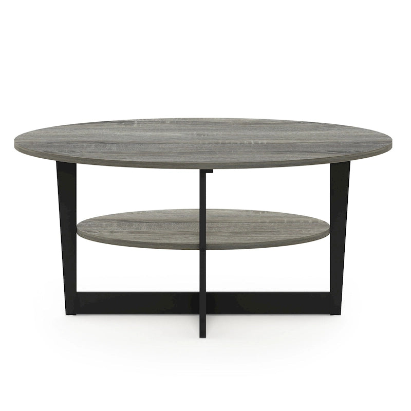 Table basse ovale avec étagère inférieure, pieds en métal noir, finition bois de noyer