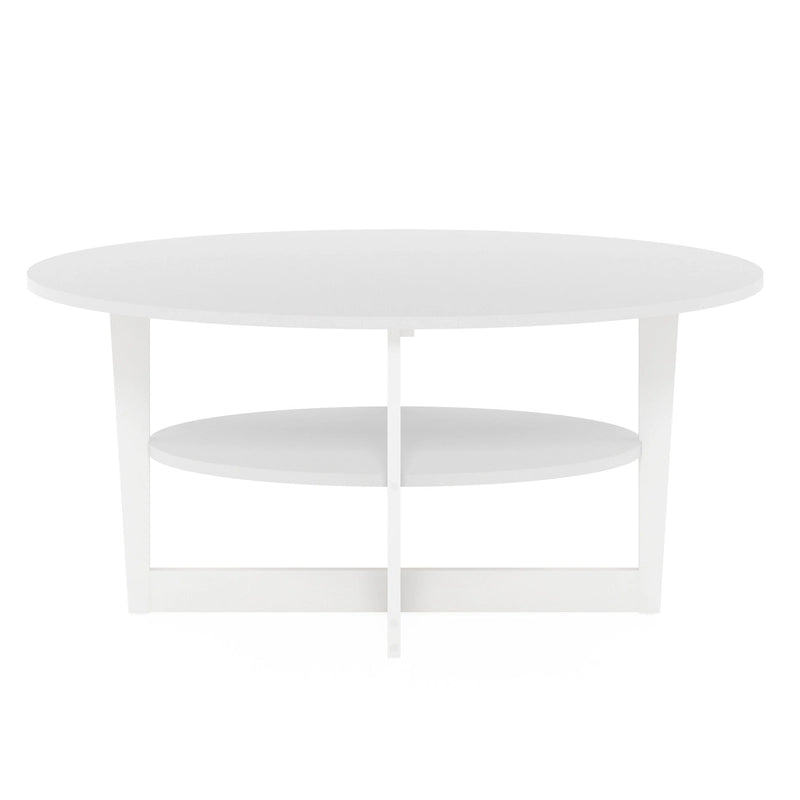 Table basse ovale avec étagère inférieure, pieds en métal noir, finition bois de noyer