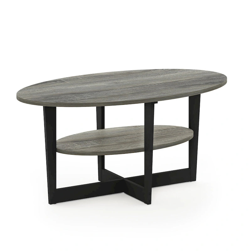 Table basse ovale avec étagère inférieure, pieds en métal noir, finition bois de noyer