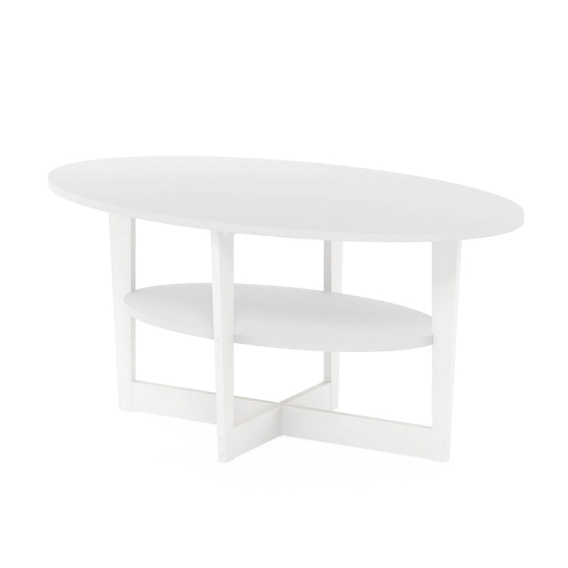 Table basse ovale avec étagère inférieure, pieds en métal noir, finition bois de noyer