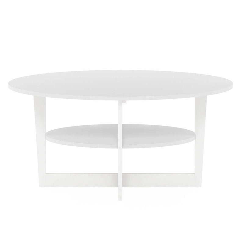 Table basse ovale avec étagère inférieure, pieds en métal noir, finition bois de noyer