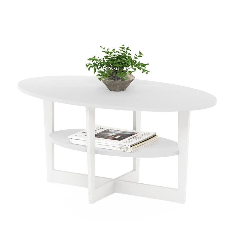 Table basse ovale avec étagère inférieure, pieds en métal noir, finition bois de noyer