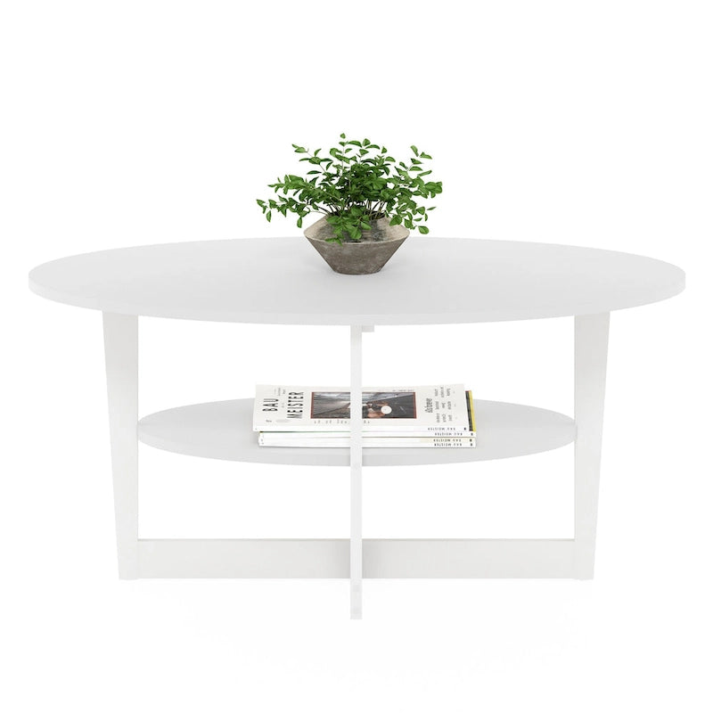 Table basse ovale avec étagère inférieure, pieds en métal noir, finition bois de noyer