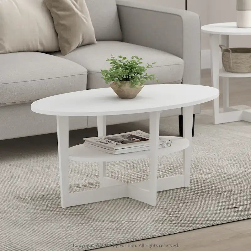 Table basse ovale avec étagère inférieure, pieds en métal noir, finition bois de noyer