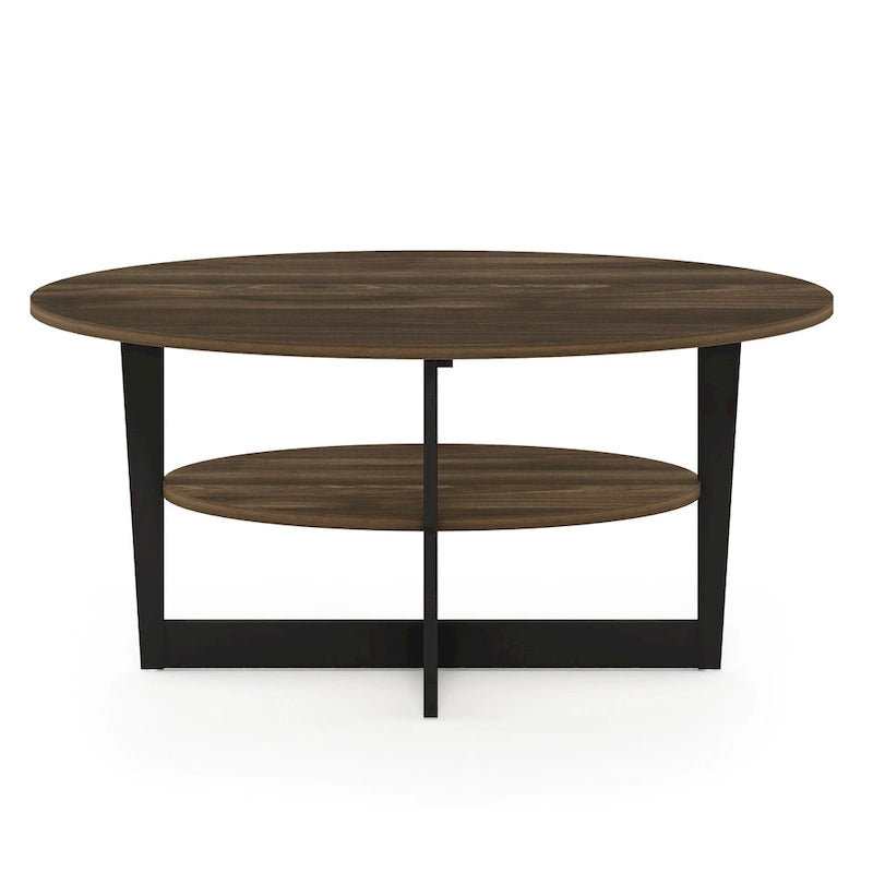 Table basse ovale avec étagère inférieure, pieds en métal noir, finition bois de noyer