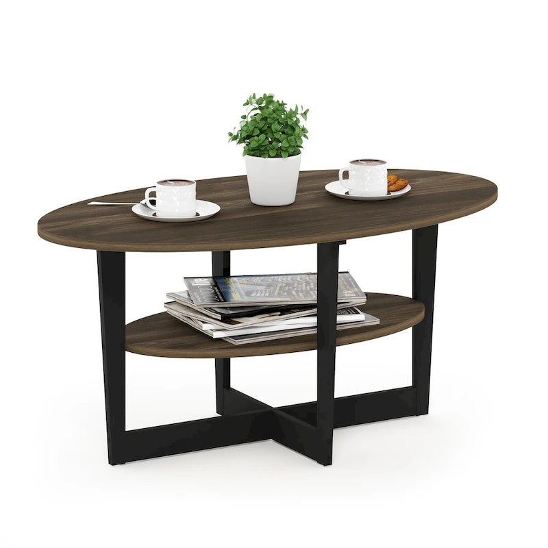 Table basse ovale avec étagère inférieure, pieds en métal noir, finition bois de noyer