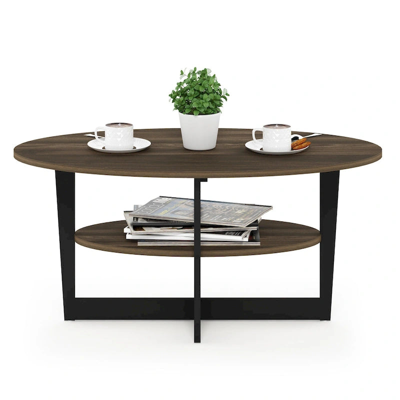 Table basse ovale avec étagère inférieure, pieds en métal noir, finition bois de noyer