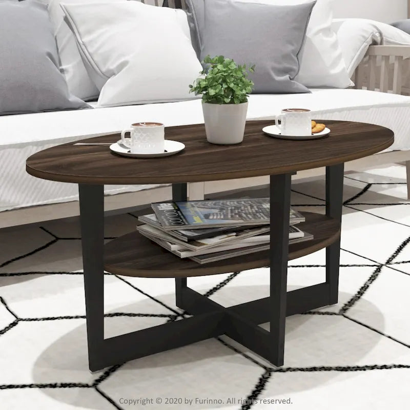 Table basse ovale avec étagère inférieure, pieds en métal noir, finition bois de noyer
