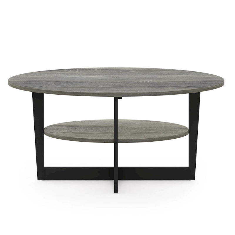 Table basse ovale avec étagère inférieure, pieds en métal noir, finition bois de noyer