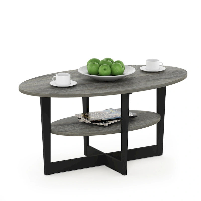 Table basse ovale avec étagère inférieure, pieds en métal noir, finition bois de noyer
